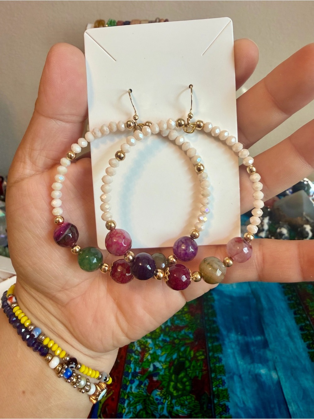 Multi-Colored Agate Beaded Hoop Earrings with Cream Czech crystals